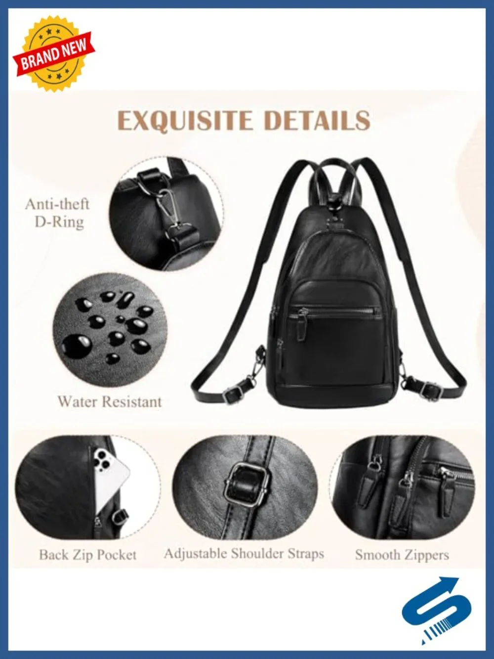 Convertible Sling Backpack Anti Theft Crossbody PU Leather Daypack